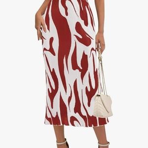 Ash Red and White Abstract Ribbed Midi Skirt